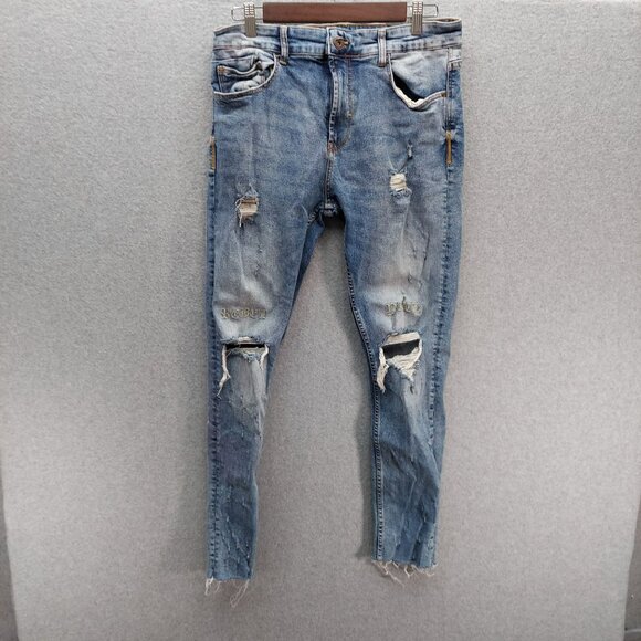 Zara Other - Zara Man Distressed Blue Denim Jeans With Rebel & Youth Embroidery 34x26